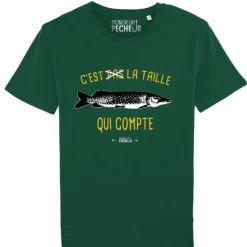 Tee Shirt Manches Courtes Homme Monsieur Pêcheur C'est Pas La Taille Qui Compte - Brochet - Vert