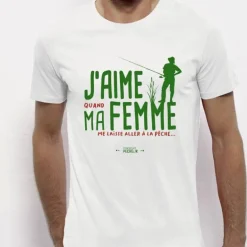 Tee Shirt Manches Courtes Homme Monsieur Pêcheur J'aime Ma Femme - Blanc